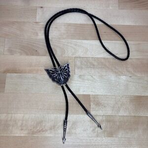 Vintage Butterfly Bolo Tie Silver Tone Black Braided Cord Southwestern Western